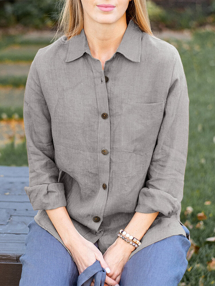 Solid Pocket Long Sleeve Button Front Lapel Shirt