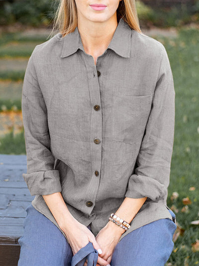 Solid Pocket Long Sleeve Button Front Lapel Shirt