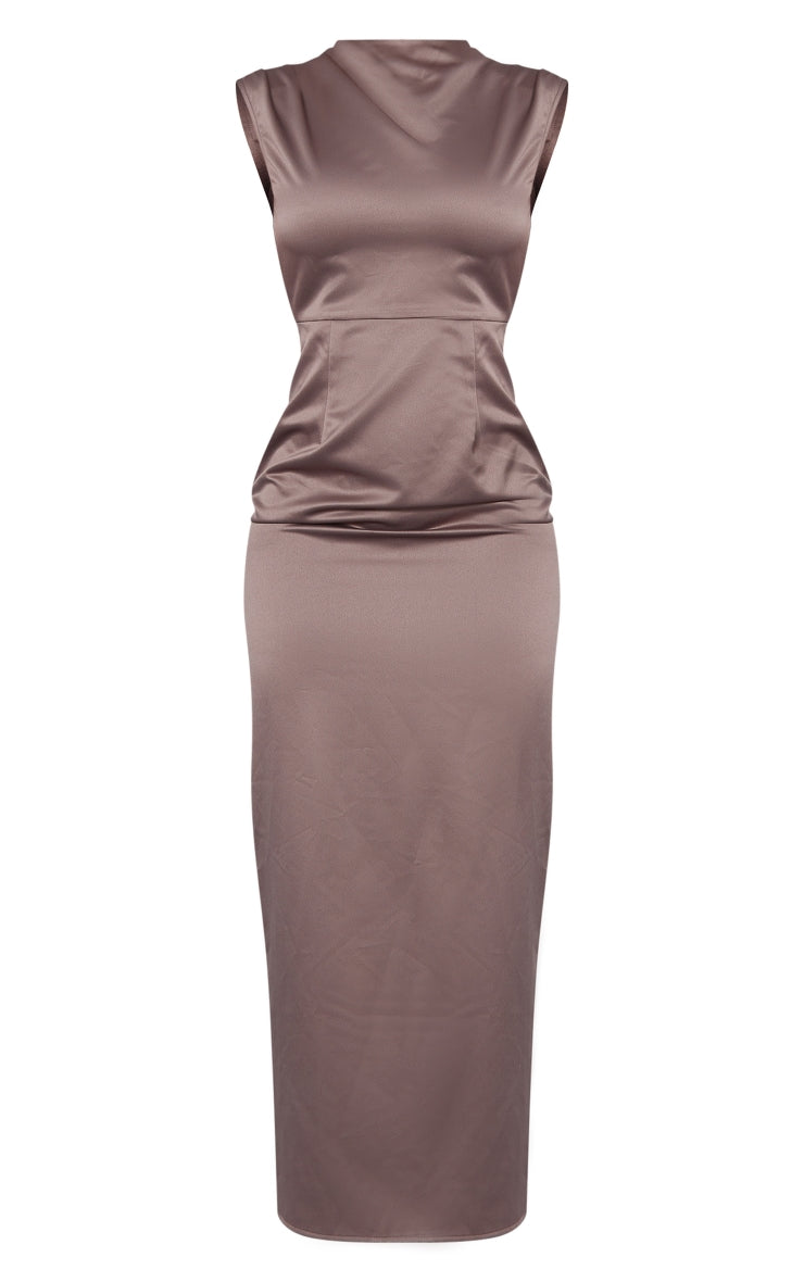 Taupe Satin Cut-Out Back Ruched Midaxi Dress