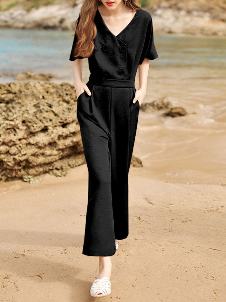 Solid Double Breasted Pocket Short Sleeve V-neck  Women Jumpsuits