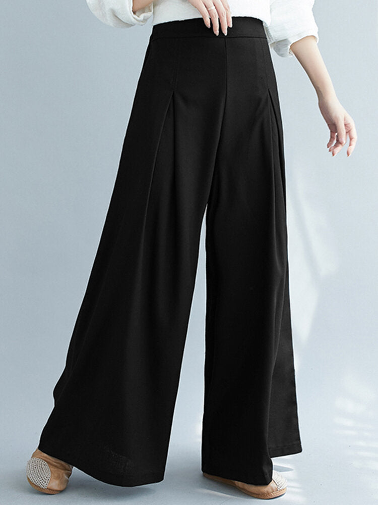 Solid Color Pleated Elastic Waist Casual Loose Wide-Leg Pants for Women
