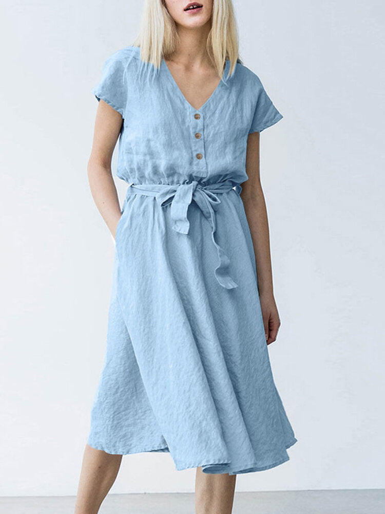 Short Sleeve Midi Dress with Belt and Pockets for Women