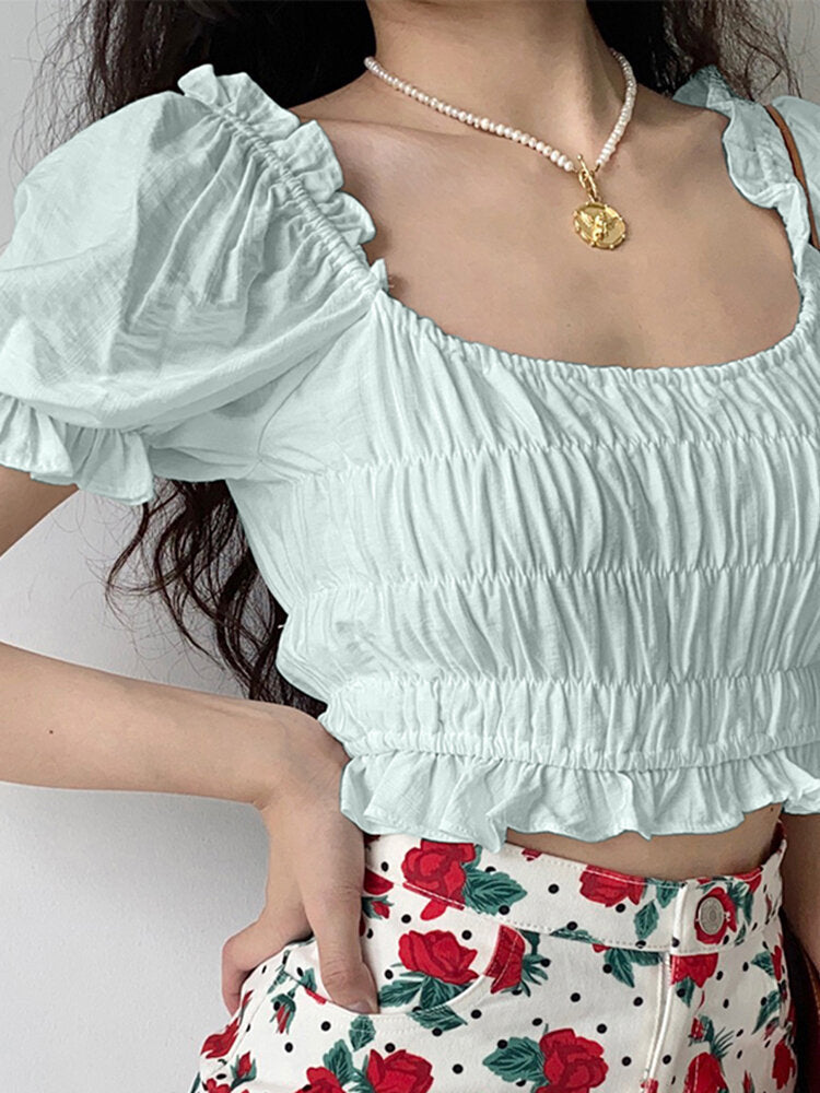 Solid Shirred Puff Sleeve Square Collar Crop Top