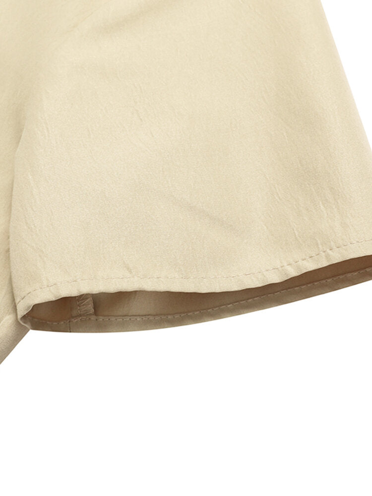 Solid Color Short Sleeve Pockets Lapel Casual Women Dress