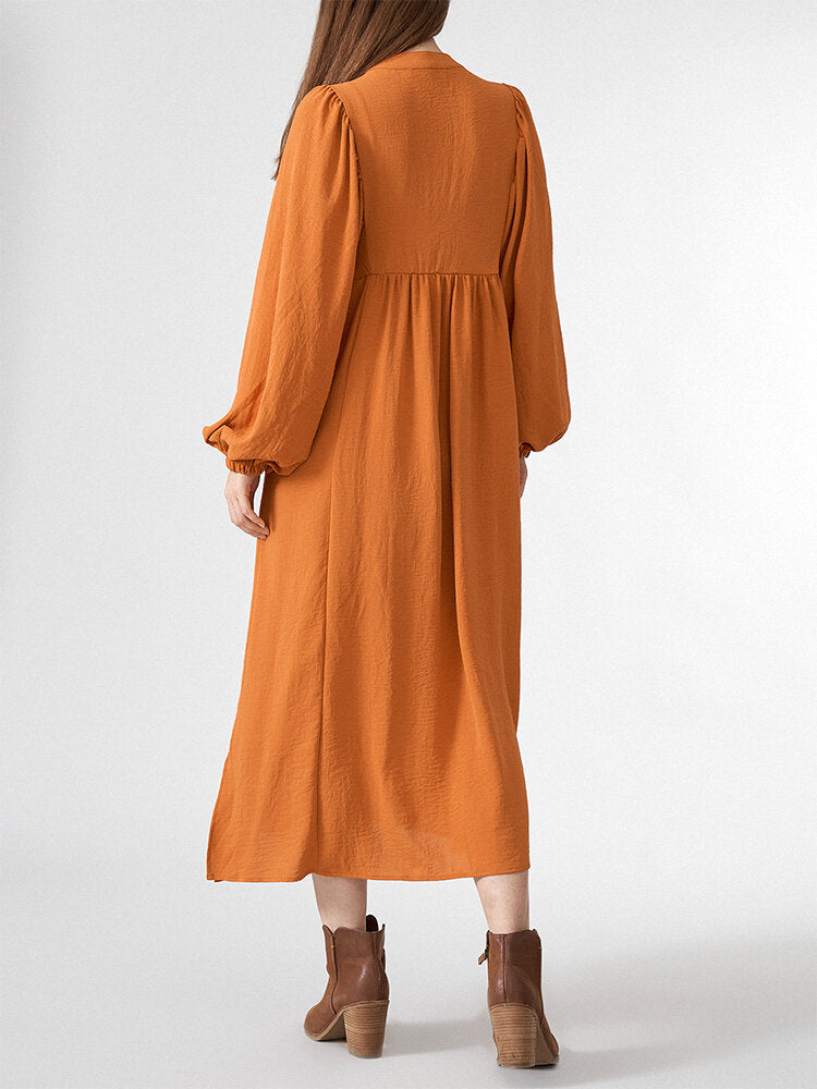 Solid Slit Tie Front Long Sleeve V-neck Casual Women Dress