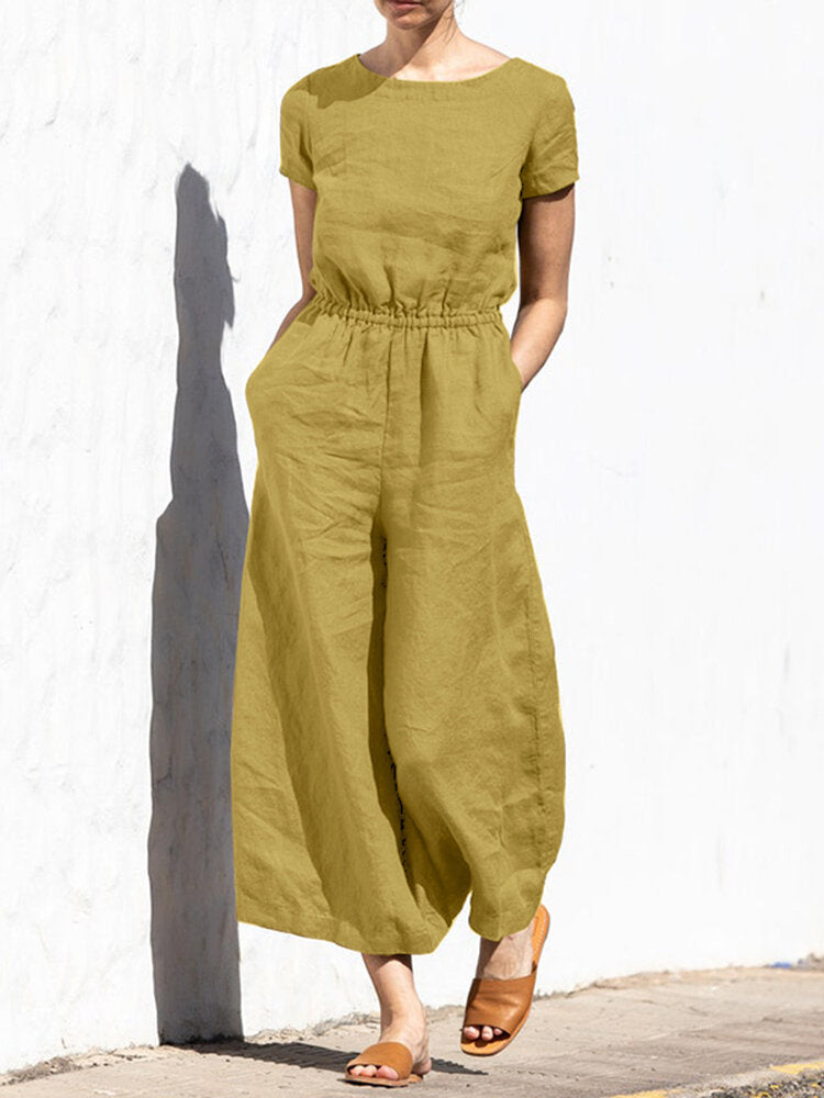 Solid Color Short Sleeve O-neck Cotton Wide Leg  Women Jumpsuits