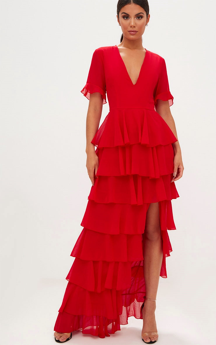 RED CHIFFON RUFFLE LAYER MAXI DRESS