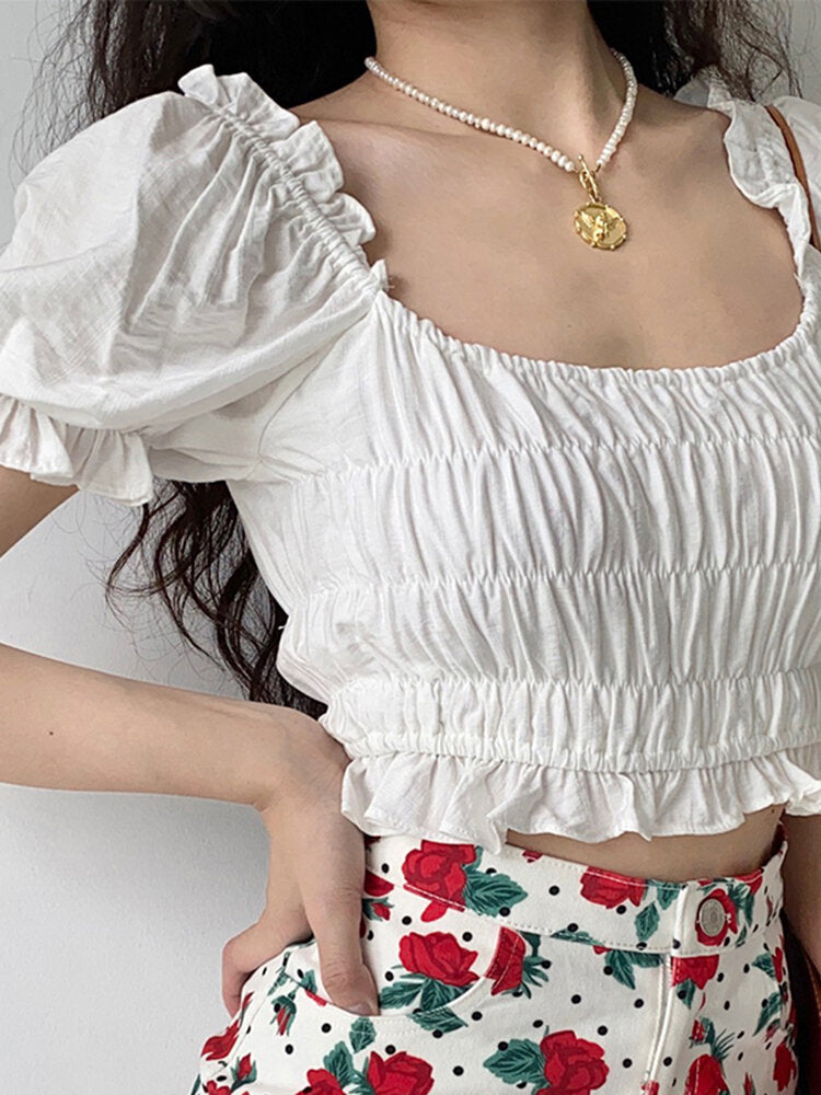 Solid Shirred Puff Sleeve Square Collar Crop Top