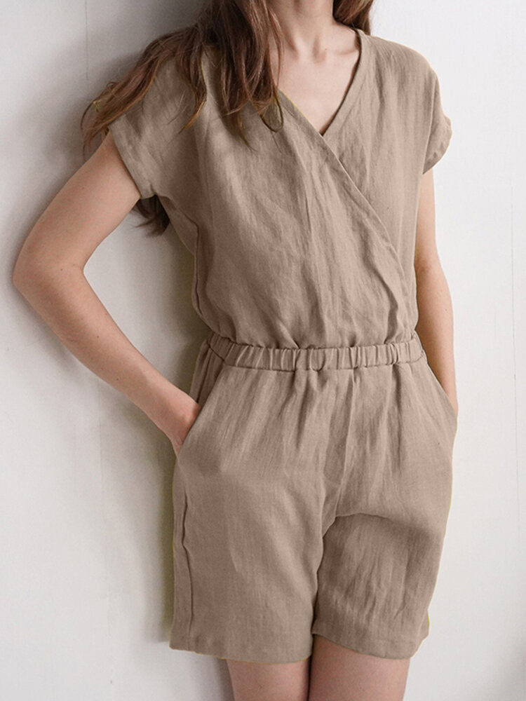 Solid Wrap V-neck Pocket Short Sleeve Casual  Women Romper