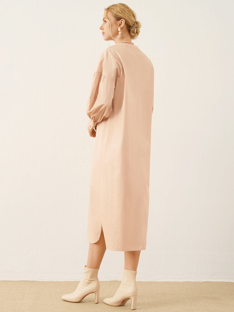 Solid Slit Hem Button Front Long Sleeve Stand Collar Women Dress