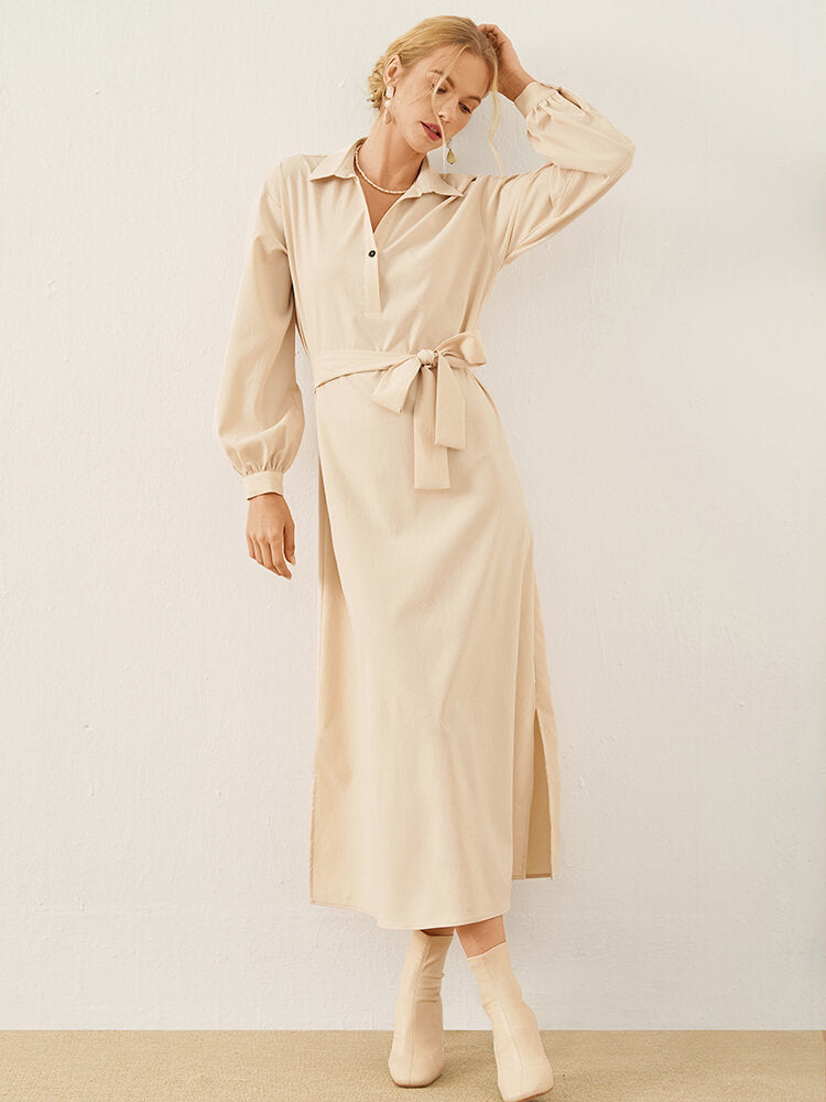 Solid Long Sleeve Button Lapel With Belt Women Dress