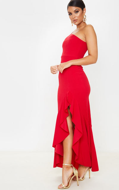 RED ONE SHOULDER FRILL SPLIT MAXI DRESS