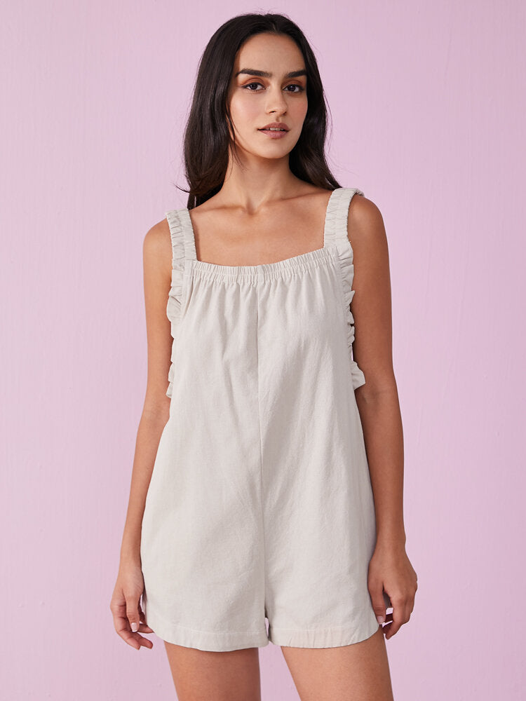 Solid Ruffle Strap Sleeveless Pocket Casual Short s Women Jumpsuits