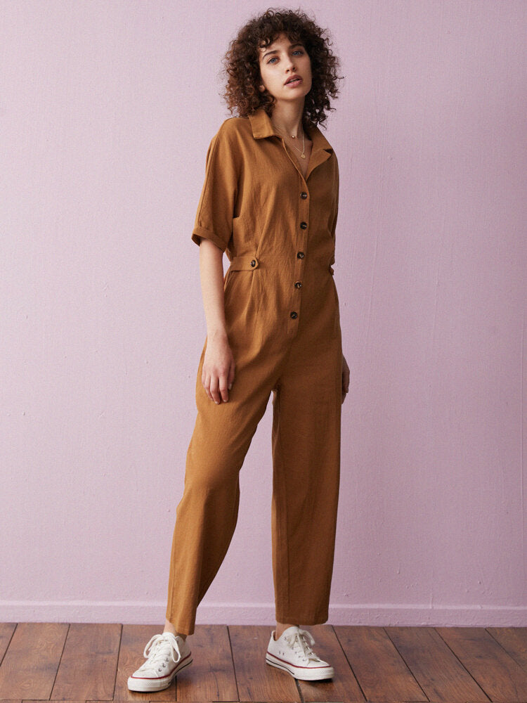 Solid Cotton Button Front Lapel Half Sleeve  Women Jumpsuits
