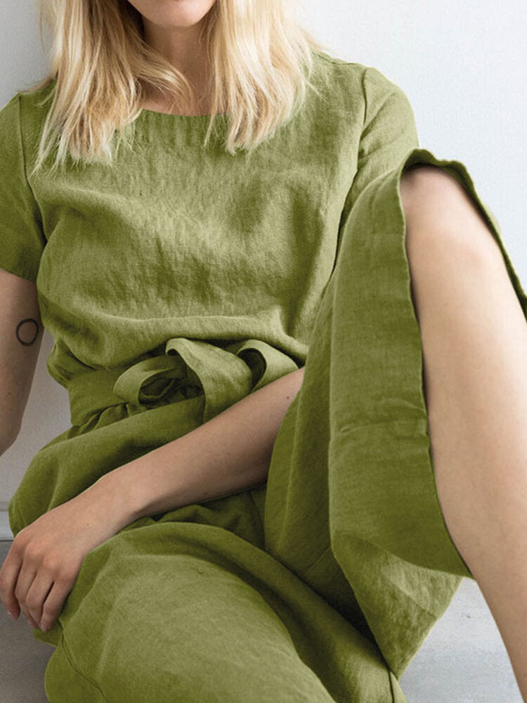 Solid Pocket Short Sleeve Wide Leg  With Belt Women Jumpsuits