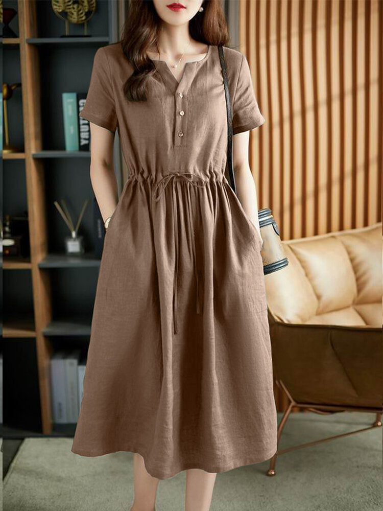 Solid Pocket Drawstring Waist Button Short Sleeve  Women Dress