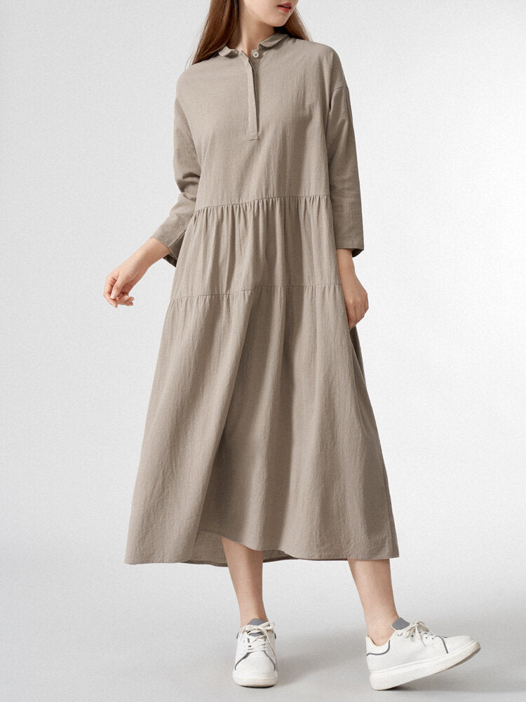 Solid Lapel Button Loose Vintage Dress For Women