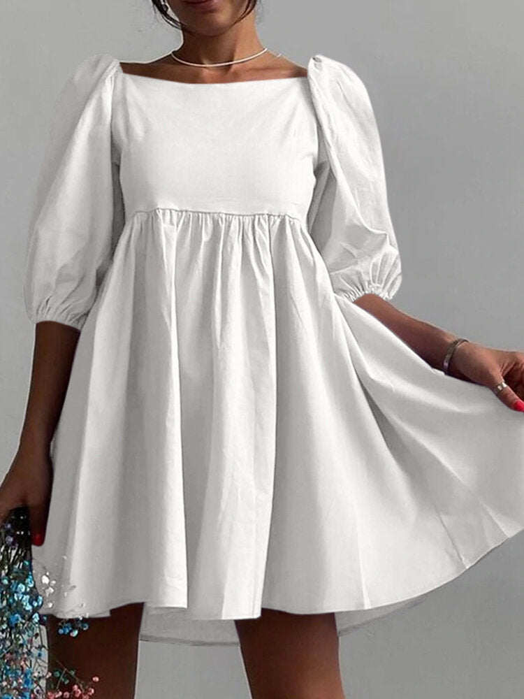Puff Sleeve Square Collar Solid Dress For Women