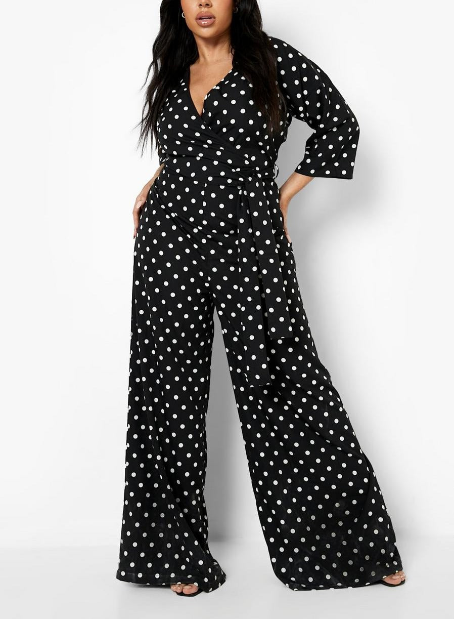 Polka Dot Wrap Tie Belt Jumpsuit For Women