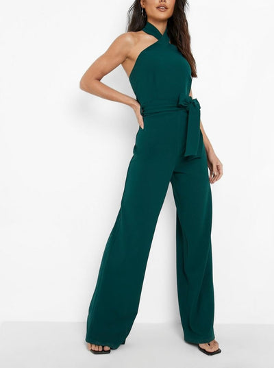 Halter Belted Wide Led Jumpsuit For Women
