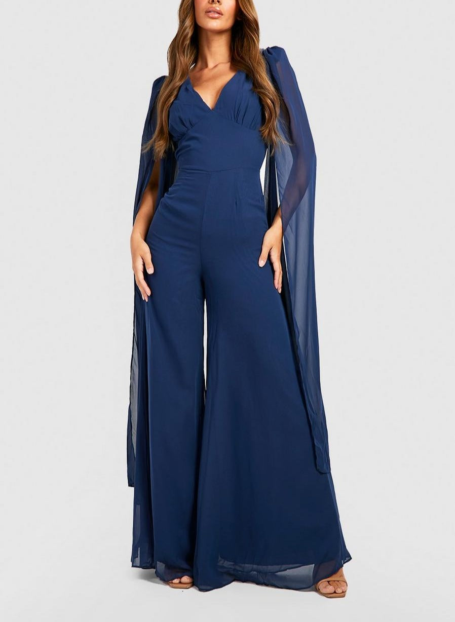 Cape Detail Plunge Wide Leg Jumpsuit For Women