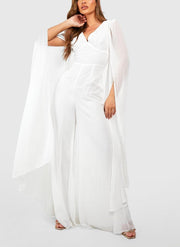 Cape Detail Plunge Wide Leg Jumpsuit For Women