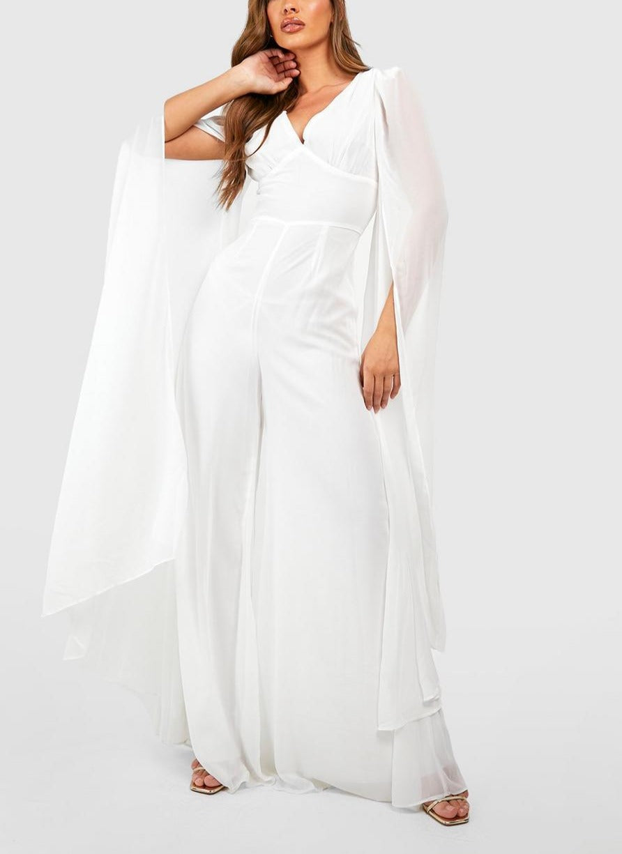 Cape Detail Plunge Wide Leg Jumpsuit For Women