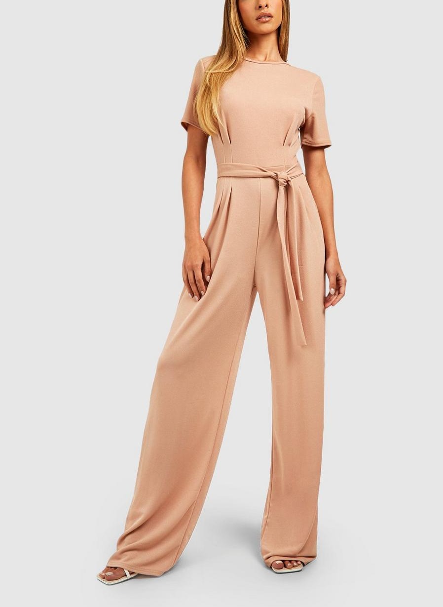 Pleated Front Belted Wide Leg Jumpsuit For Women