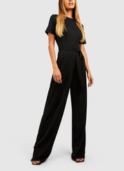 Pleated Front Belted Wide Leg Jumpsuit For Women