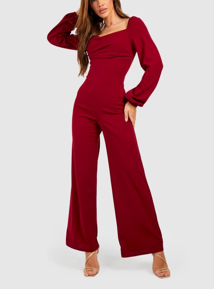DRAPE COWL NECK WIDE LEG WOMEN JUMPSUIT