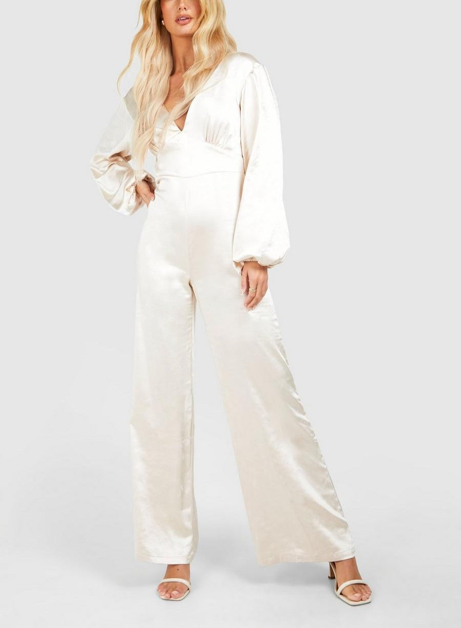 SATIN WOMEN'S PUFF SLEEVE JUMPSUIT