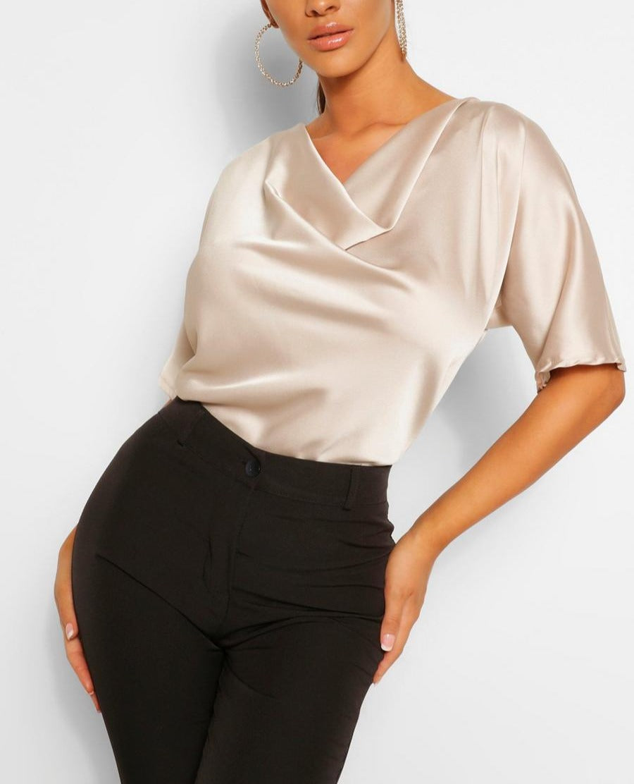 Satin Cowl Neck Short Sleeve Blouse