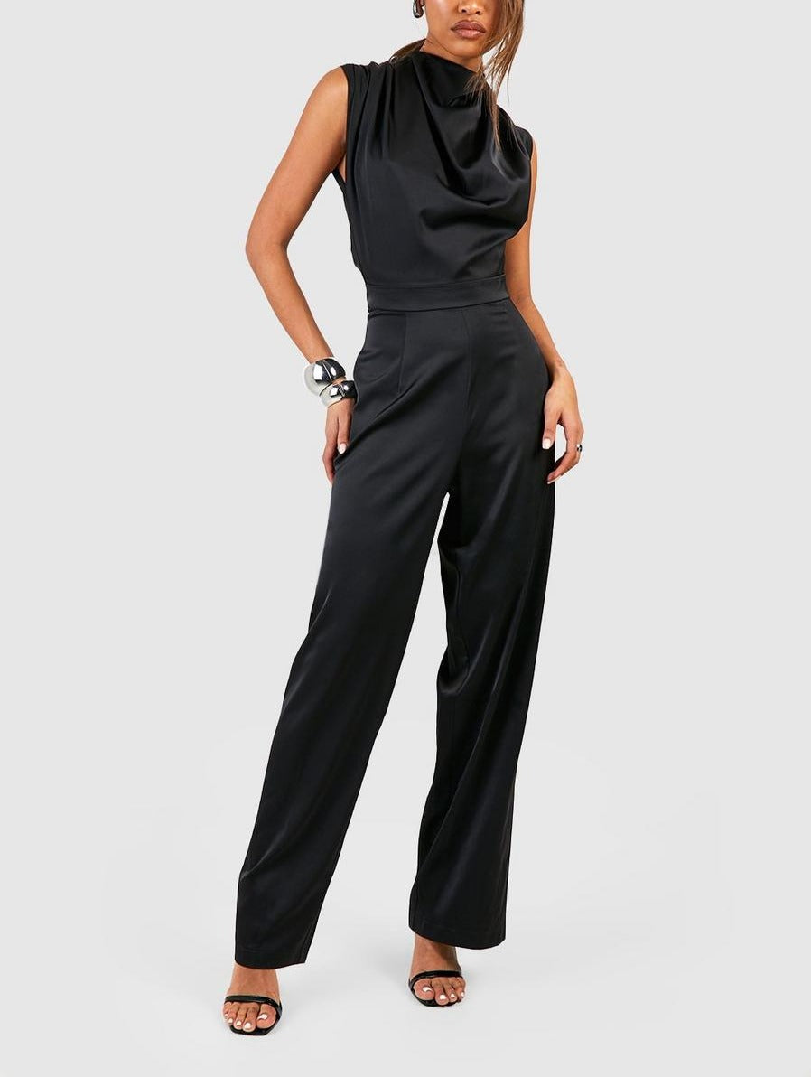 Satin Drape Blouson Jumpsuit For Women