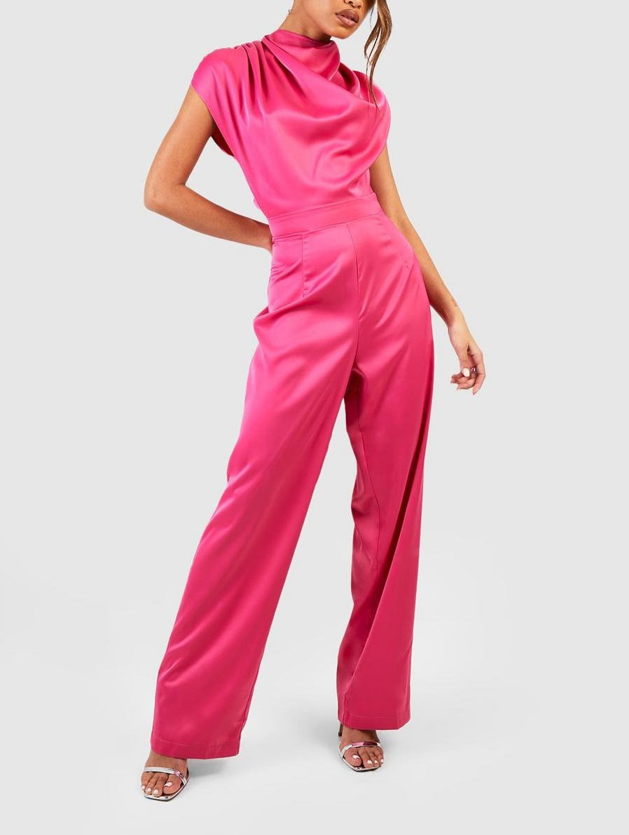 Satin Drape Blouson Jumpsuit For Women
