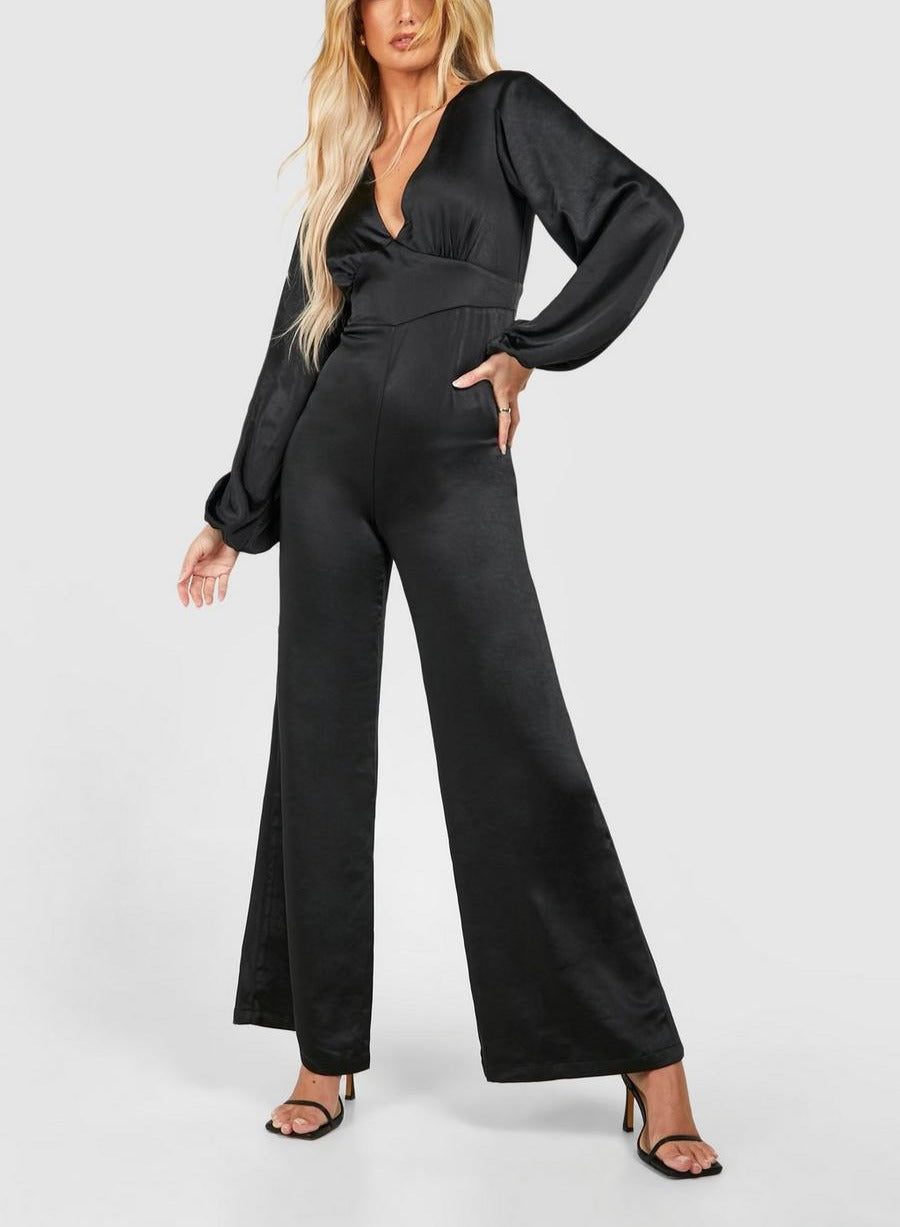 SATIN WOMEN'S PUFF SLEEVE JUMPSUIT