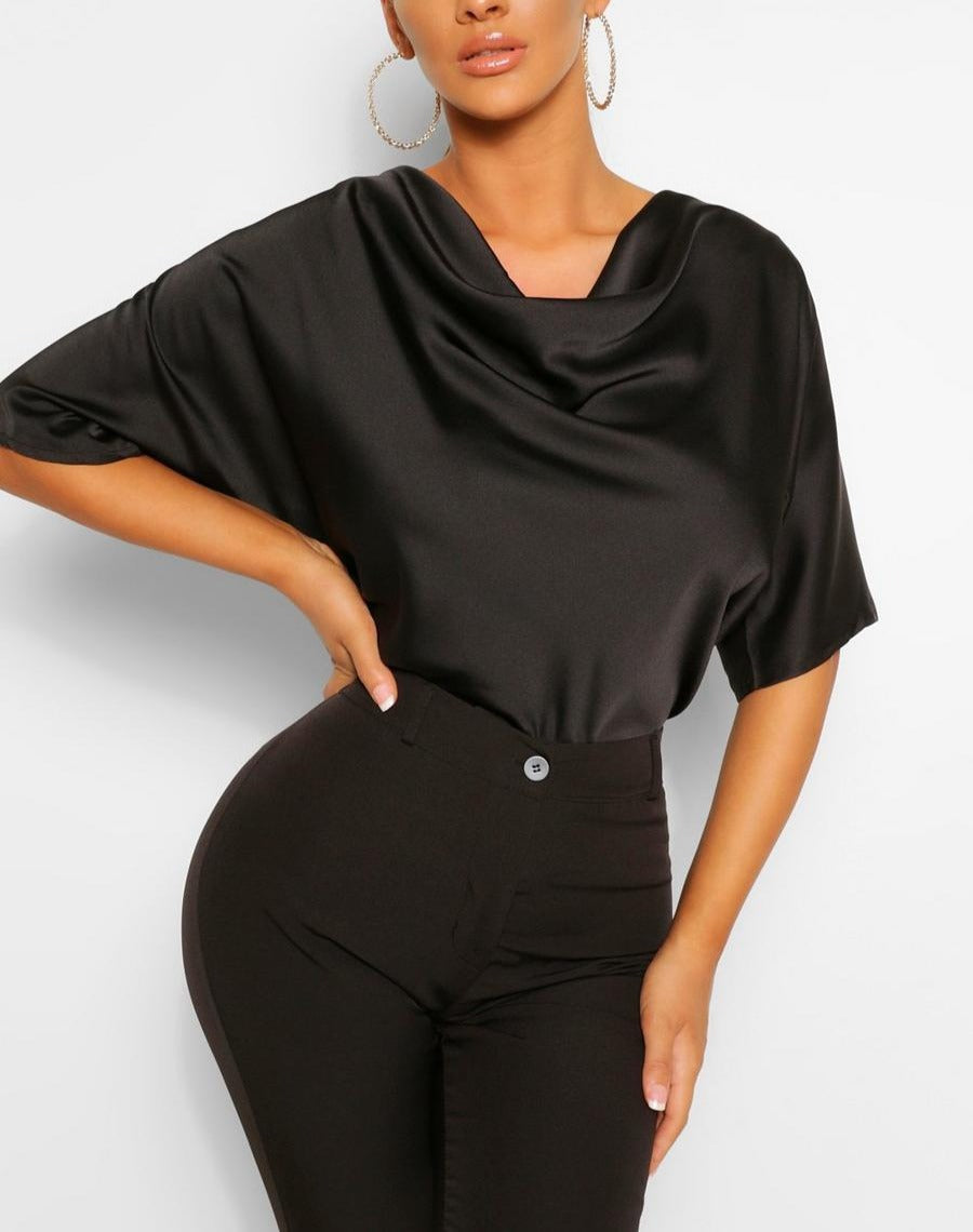 Satin Cowl Neck Short Sleeve Blouse