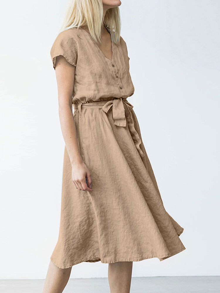 Short Sleeve Midi Dress with Belt and Pockets for Women