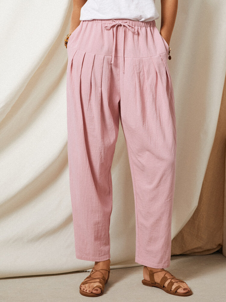 Solid Color Pleated Drawstring Elastic Waist Casual Pants With Pocket