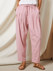 Solid Color Pleated Drawstring Elastic Waist Casual Pants With Pocket
