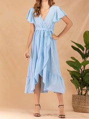 Solid Ruffle Short Sleeve Wrap V-neck Belt  Women Dress