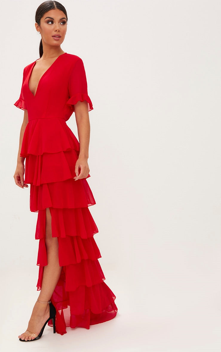 RED CHIFFON RUFFLE LAYER MAXI DRESS