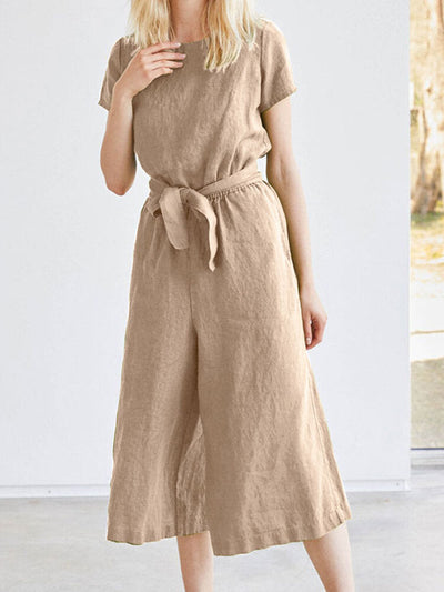 Solid Pocket Short Sleeve Wide Leg  With Belt Women Jumpsuits