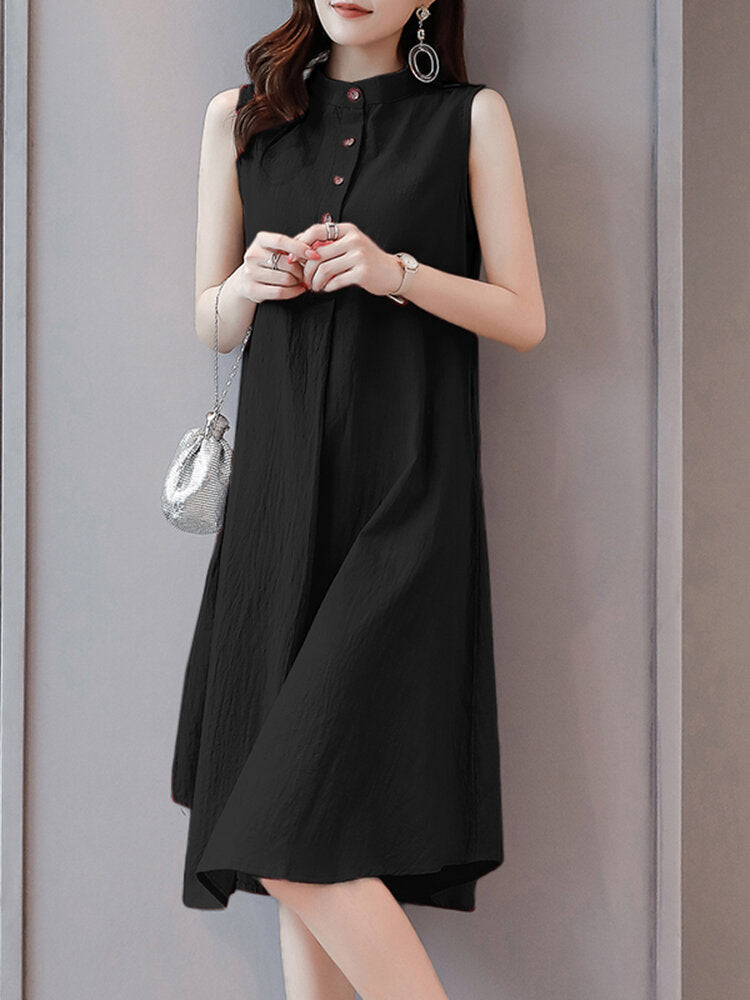 Solid Stand Collar Button Sleeveless Dress For Women