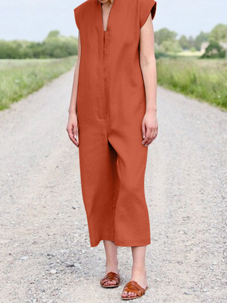 Solid Sash V Neck Pocket Sleeveless Casual Cotton  Women Jumpsuits