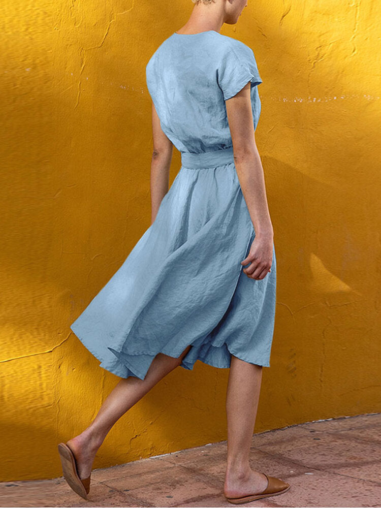 Short Sleeve Midi Dress with Belt and Pockets for Women
