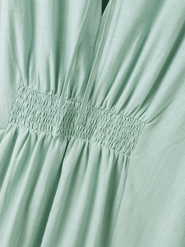 Solid Shirred Long Sleeve Knotted Front V-neck Women Dress