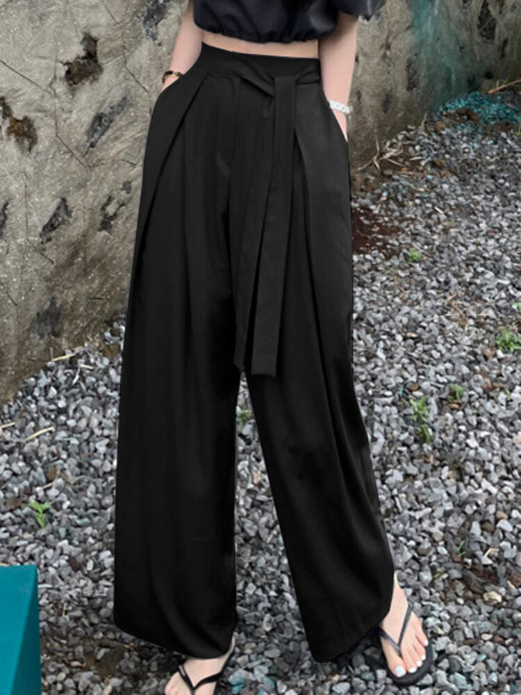 Solid Pocket Belt Wide Leg Pants For Women