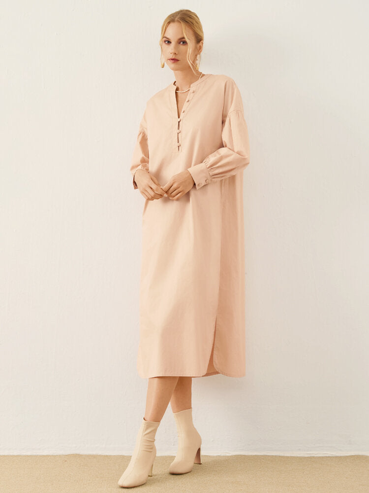 Solid Slit Hem Button Front Long Sleeve Stand Collar Women Dress