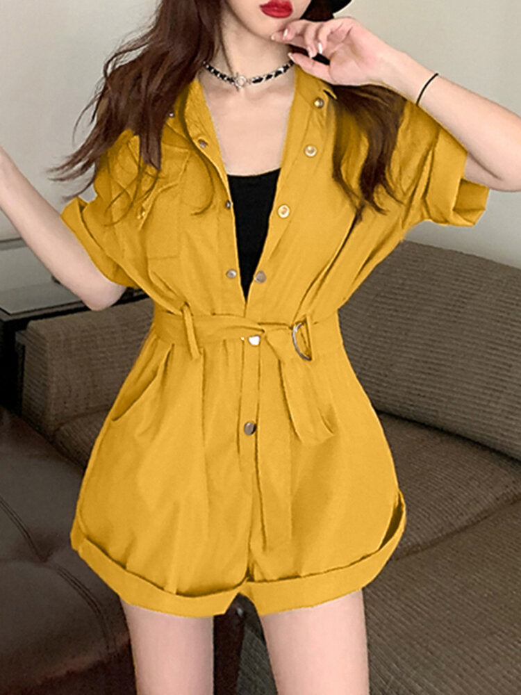 Solid Rolled Hem Pocket Short Sleeve  With Belt Women Romper