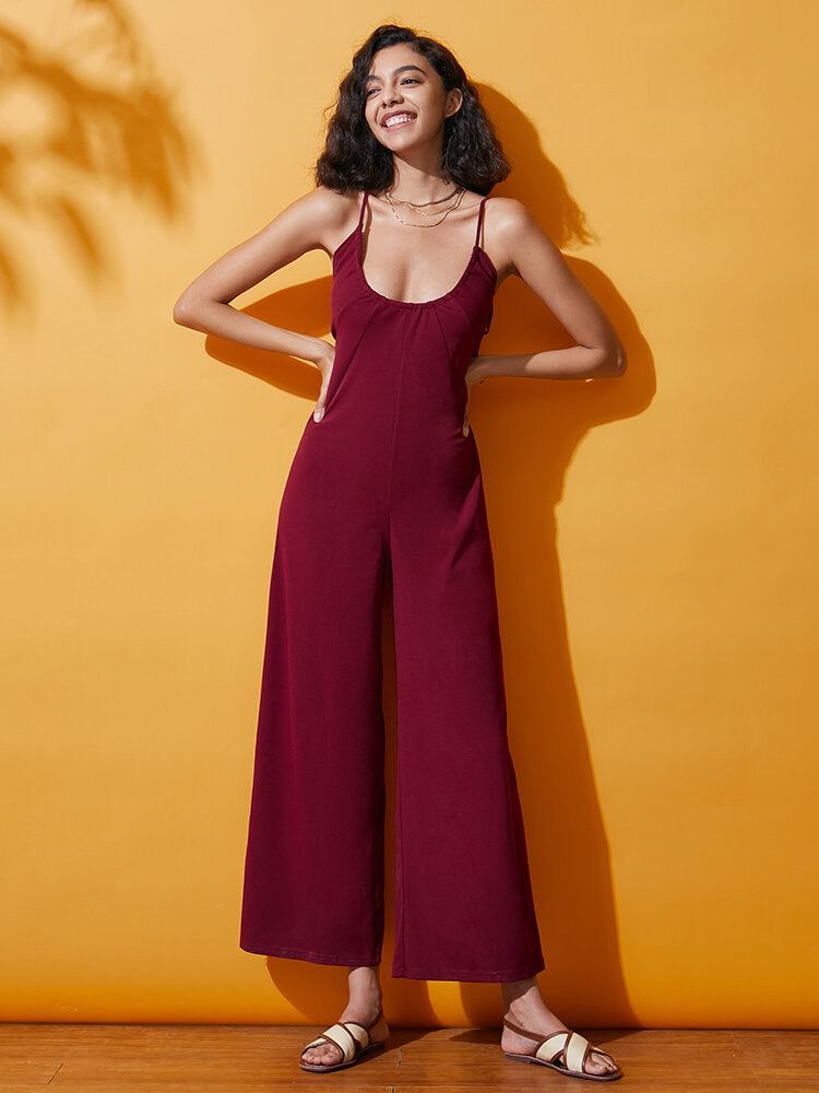 Solid Spaghetti Strap Lace Up Open Back Wide Leg  Women Jumpsuits